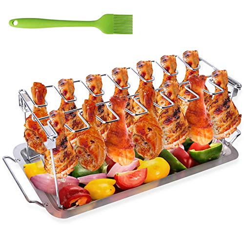 AISHN Chicken Leg Wing Grill Rack, BBQ Chicken Drumsticks Rack Stainless Steel Roaster Stand with Drip Pan, Hang Up to 14 Chicken Legs or Wings, Great easy to grill smoke wings in grill or smoker