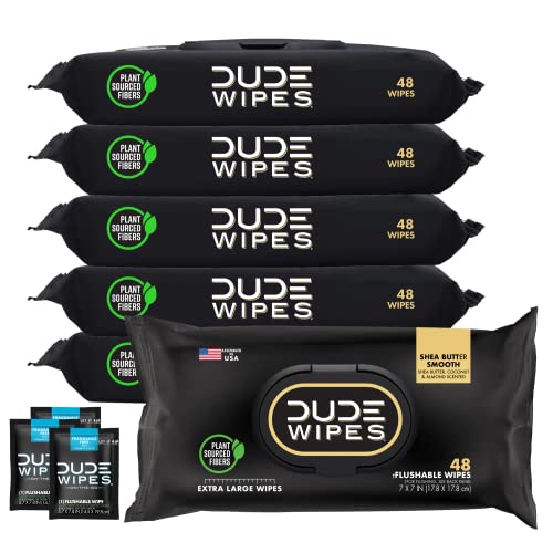 DUDE Wipes Flushable Wipes with On-The-Go Flushable Wipes - 6 Pack Shea Butter, 288 Wipes + 3 Individually Wrapped Wipes - Shea Butter Smooth Wet Wipes with Vitamin-E & Aloe - Septic and Sewer Safe