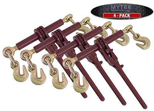 Mytee Products 4 Pack 5/16" - 3/8" Extreme Heavy Duty Ratchet Load Chain Binder with Grab Hooks - 7,100 Lbs Working Load Limit - Flatbed Transport Truck Trailer Tie Down Hauling