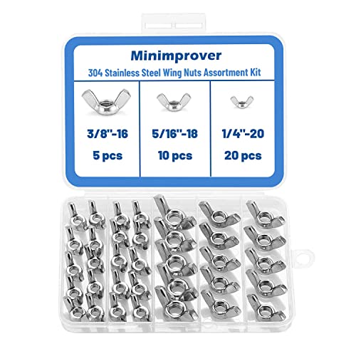 Minimprover 35PCS 1/4"-20, 5/16"-25, 3/8"-16 Wingnuts,304 Stainless Steel Parts Butterfly Wing-Nut Assorted Kit