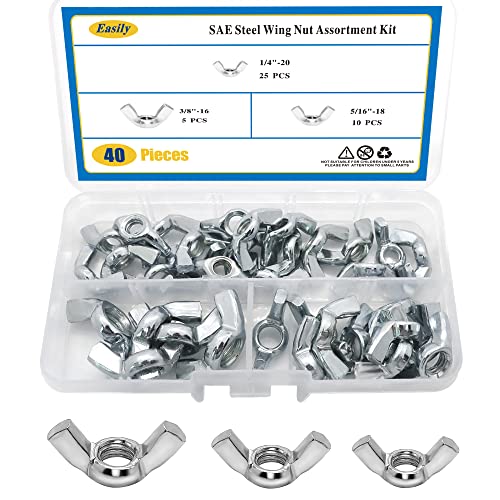 40PCS 1/4"-20, 5/16"-25, 3/8"-16 Butterfly Wing Nut Assorted Kit, SAE Steel Wing Nuts Fasteners