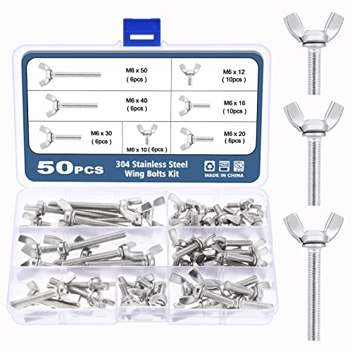 OCR 50 Pcs Wing Screws Assortment Kit, 304 Stainless Steel Butterfly Thumb Screw, Metric M6 Wing Bolt Fasteners