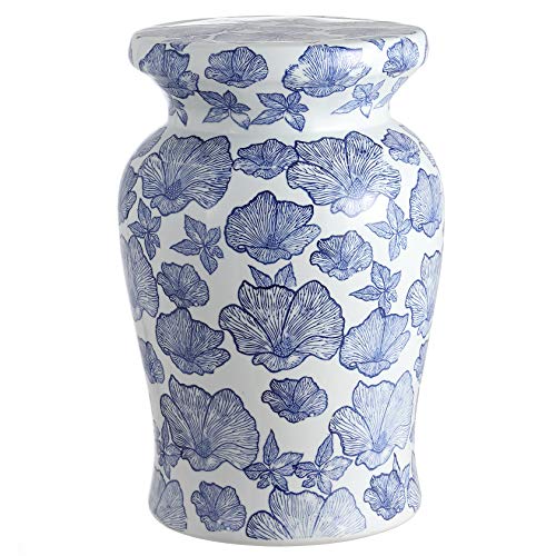 JONATHAN Y TBL1018A Poppies 17.7" Ceramic Garden Stool, Stylized Flower Design, Coastal, Contemporary, Modern, Transitional, Side Table, Plant Stand, Living Room, Garden Room, Patio, White/Blue