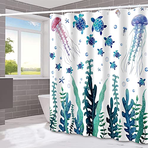 Samicoco Sea Turtles Ocean Shower Curtain with Hooks Polyester Fabric Waterproof Curtain for Bathroom Decor Funny Plant Green Shower Curtain Set 72" x 72"