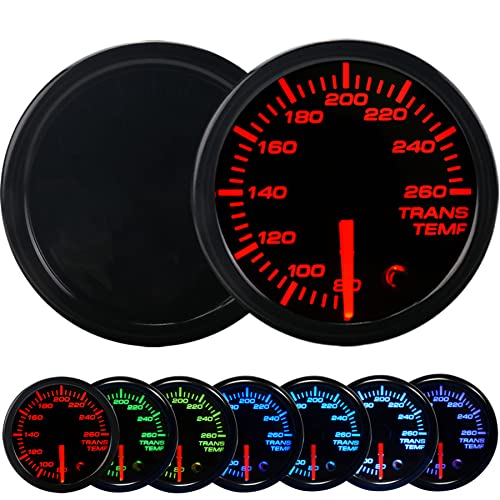 Transmission Temperature Gauge - 7 Color 80-260 F Trans Temp Gage 52mm 2-1/16" LED Backlight Black Meter Dial with Temp Sensor Fit for Truck