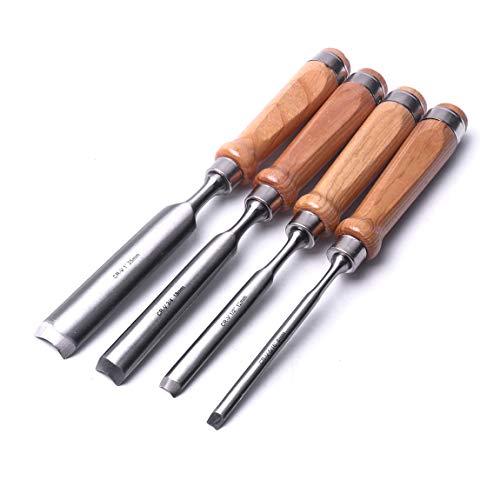 ATOPLEE 4 Piece Wood Chisel Set for Woodworking, Professional Wood Chisel Tool Carpenter Gouge CR-V Steel Semi-Circular Edge Sharp Blade 8mm(5/16")/12mm(1/2")/18mm(3/4")/25mm(1") (Full Size-4PCS)