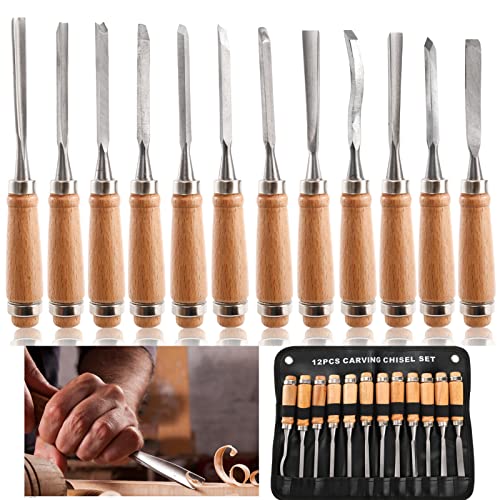 Dicunoy 12 PCS Wood Carving Tools, Gouges Woodworking Chisels, Full Size Wood Carving Knifes for Beginners, Hobbyists, Professionals, Artistic, Gifts for Him, Father's Day