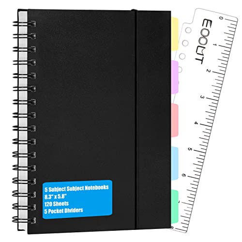 EOOUT A5 Subject Spiral Notebooks with Tabs, 8.3" x 5.8", Notebooks for Work, 5 Colored Dividers, Spiral Lined, 240 Pages, for School, Office Supplies and Home
