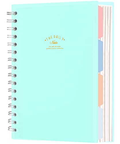 CAGIE 4 Subject Notebook with Colored Tabs 300 Lined Pages Spiral Bound Journal for Women A5 Plastic Hardcover Spiral Notebook with Dividers, 6.3" x 8.5", Blue