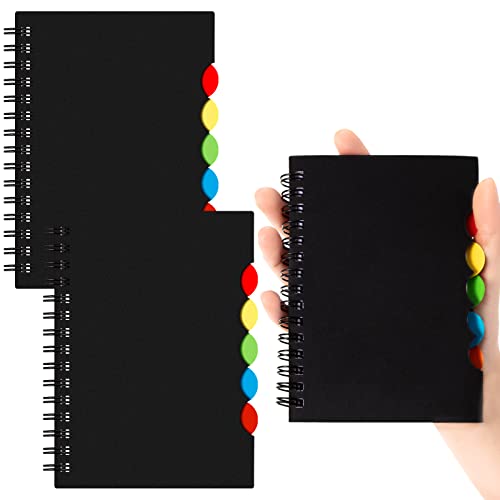 3 Pack Tabbed Notebook Mini Spiral Notebook Small Spiral Journal 5 Subject Divider Notebook 5.5 x 3.5 Inches 140 Pages for Diary Notes Writing School College Students, Black, PP Cover