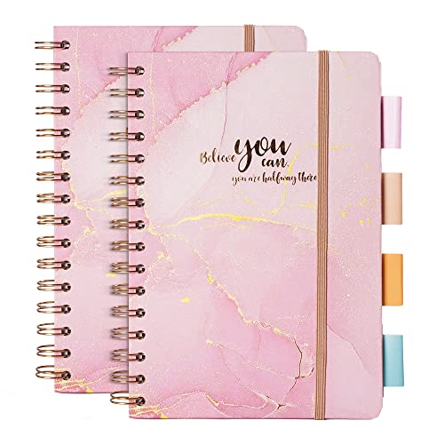 2 Pack A5 Spiral Notebook - Hardcover Spiral Journal/Notebook with Pocket, Index Tabs Stickers, 100gsm Thick 160 Pages, Cute wide ruled Notebook, Hardcover and Elastic Band, Pink Marble Pattern for Journaling Writing Work Office School (2 Pack)