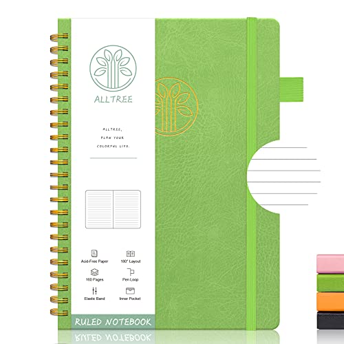 Lined Journal Notebook, Hardcover Spiral Notebook, A5 Medium, Leather Hardcover, ALLTREE Twin Wire Spiral Bound Notebook with Tabs, Pen Loop, Pocket, Stickers, 160 Pages, Journal for Women & Men, Green(6"x8.5")