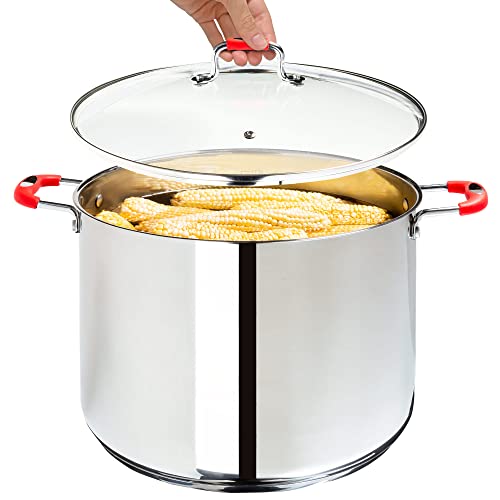 Millvado Stock Pot, Large Stainless Steel 20 Quart StockPot, Large Cooking Pot, Clear Glass Lid and Measurement Markings, Steam Hole, Induction, Gas, Electric Compatible Big Boiling Pot