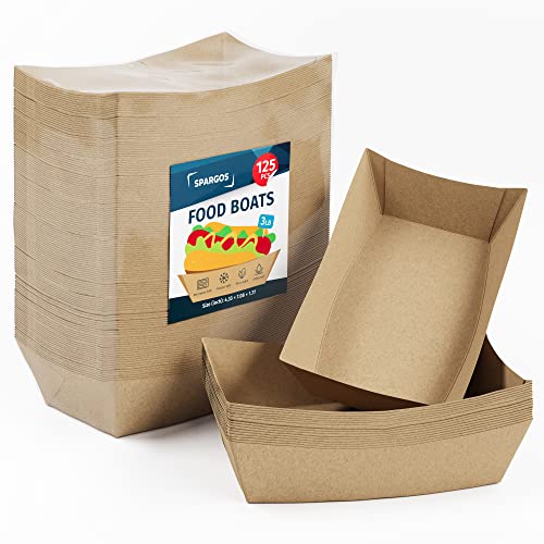 SPARGOS Paper Food Trays (125 pack) 3LB of Leakproof and Freezer Safe Food Boats for Concession Stand Supplies French Fry Holder and Hot Dog Trays Disposable