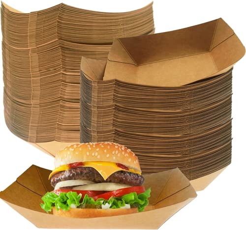 250 Counts Paper Food Trays - 1 LB Disposable Food Serving Boats, Brown Paper Food Trays Take Out Food Containers for Party Snacks, Tacos, Nachos, French Fries BBQ