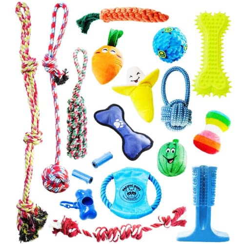 Pacific Pups Products for Dogs 18 Piece Dog Toy Set with Dog Chew Toys, Rope Toys for Dogs, Plush Dog Toys and Dog Treat Dispenser Ball - Supports Non-Profit Dog Rescue