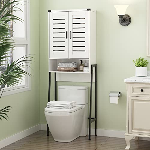 Saedew Over The Toilet Storage Cabinet, Over Toilet Bathroom Organizer with 2-Door Blinds Design, Freestanding Space Saver Toilet Stands,Bathroom Toilet Rack, White