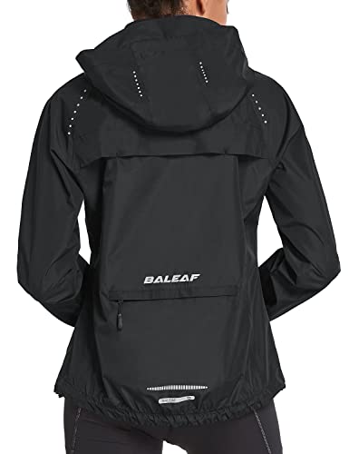 BALEAF Women's Running Rain Jackets Waterproof Windbreaker Windproof Lightweight Cycling Jackets Reflective Packable Hooded Black M