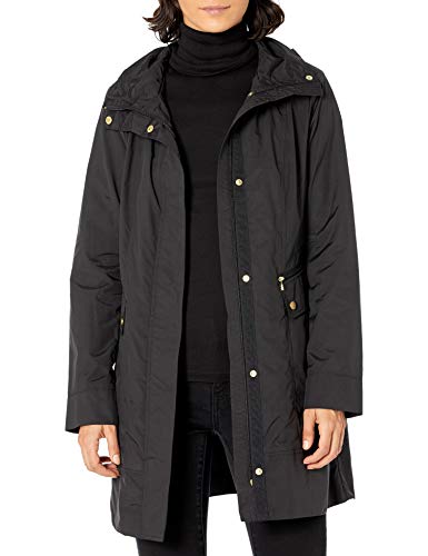 Cole Haan Women's Single Breasted Packable Rain Jacket with Removable Hood, black, Small