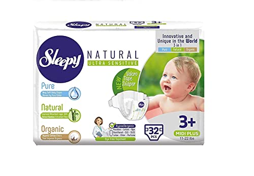 SOHO|Sleepy Natural Baby Diapers, Made from Organic Cotton and Bamboo Extract, Ultimate Comfort and Dryness, Disposable Diapers Snuggle Diaper (Size 3+ | 32 Count | Child Weight 11-22 lbs)