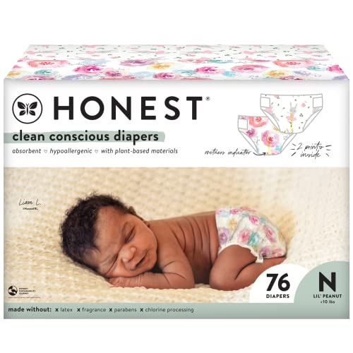 The Honest Company Clean Conscious Diapers | Plant-Based, Sustainable | Rose Blossom + Tutu Cute | Club Box, Size Newborn, 76 Count