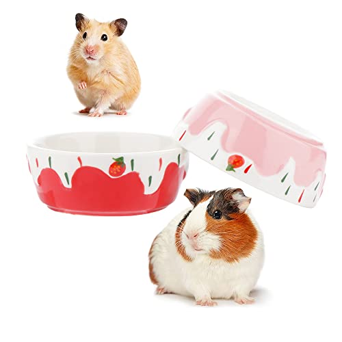 2 Pcs Hamster Ceramic Bowl, Small Animals Anti-Turning Food Water Bowl for Rabbit Hamster Guinea Pig Hedgehog Squirrel (Pink and Red)