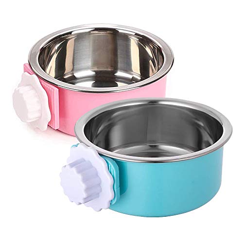 QIYADIN Detachable Hanging Cage Dog Crate Bowl, Stainless Steel Removable Pet Food Bowls, Anti-overturning Water Feeder Container Coop Cup for Cat Puppy Birds Rats Guinea Pigs Rabbit Hamster (2PCS)