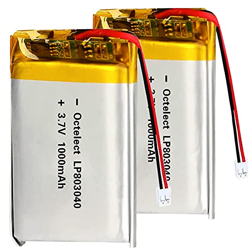 2PCS 3.7V 1000mAh 803040 Lipo Battery Rechargeable Lithium Polymer ion Battery Pack with JST Connector