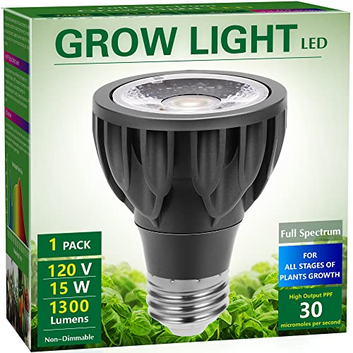 Briignite Grow Light Bulbs, PAR20 Full Spectrum Plant Light Bulb with Optical Lens for High PPFD, 15W Grow Bulb 150W Equivalent, E26 Base, LED Grow Lights for Indoor Plants, Seed Starting, 1 Pack