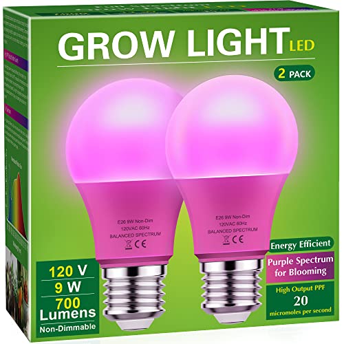 Briignite Grow Light Bulbs for Blooming, Purple Spectrum, A19 Plant Light Bulb E26 Base, 9W Grow Bulb 90W Equivalent, Grow Lights for Indoor Plants, Flower Blooming, 2Pack