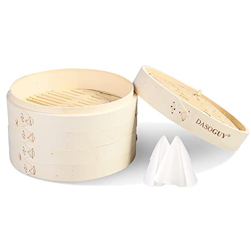 Dasoguy Premium 8 Inch Handmade Bamboo Steamer, Two Tiers Steam Basket for Dumpling Dim Sum Bao Bun Rice Vegetables Meat & Fish Chinese Food, Present 2 Cotton Liners