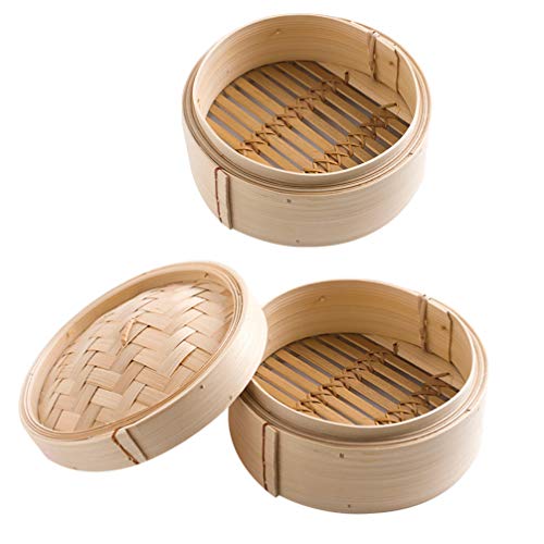 Cabilock Bamboo Steamer Dim Sum Dumpling Bao Bun Chinese Food Steamers Handmade Bamboo Dumpling Steamer Basket with Lid for Rice Vegetables Meat Fish 8 Inch