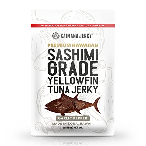 Kaimana Ahi Tuna Jerky Garlic Pepper 2 Ounce - Soft and Tasty - Premium Fish Jerky Made in the USA. High in Omega 3's, All Natural and Wild Caught