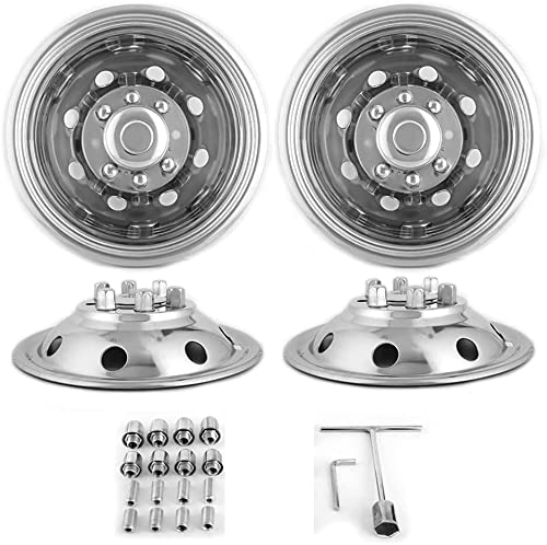 Kucaruce 4pc 16" Polished Stainless Steel Dually Wheel Simulator,Bolt On Wheel Cover,8 Lug Hubcaps 8 Hand Hole Compatible with Ford F350 1974-1998;E350/E450 1992-2021;Dodge Ram 3500 1974-1999