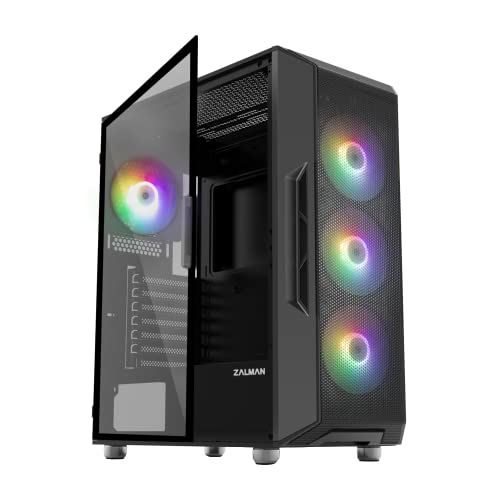 Zalman I3 NEO Black Edition Airflow ATX Computer Case with Mesh Front Panel, Magnetic Swing-Open Tempered Glass Side Panel, 4X RGB 120mm Fans Pre-Installed, Mid Tower for Gaming or Office Work