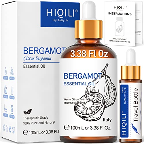 HIQILI Bergamot Essential Oil, Pure Natural Bergamot Oil for Skin Hair Diffuser Massage - 100ml