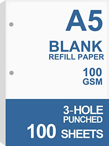 A5 Filler Paper, 3 Hole Planner Refills, Organizer, Loose-leaf Binder Paper, Total 100 Sheets/200 Pages, 100gsm, Blank, White Paper, 5.8 x 8.2 Inch