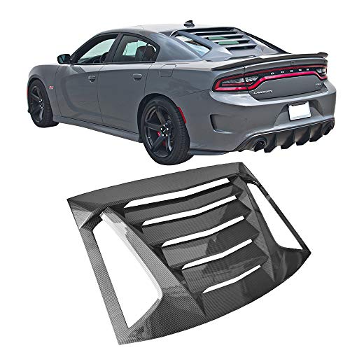 IKON MOTORSPORTS, Rear Window Louver Compatible with 2011-2023 Dodge Charger, Carbon Fiber Print Sun Shade Cover Windshield Scoop, 2012 2013 2014 2015 2016 2017 2018 2019 2020