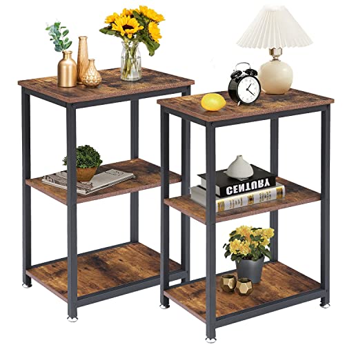 VECELO Tall End Side Tables Set of 2, 30" Height Nightstand with 3-Tier Storage Shelf for Living Room Bedroom Office Hallway Study, 2-Pack, Dark Brown/2pcs