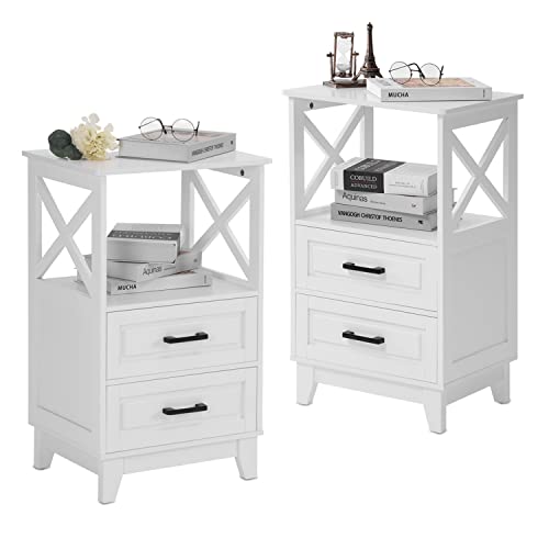 White Nightstand Set of 2, Wood X-Design Tall Nightstand with 2 Drawers, Modern Side Tables with Storage, Bedside End Tables for Bedroom, Living Room