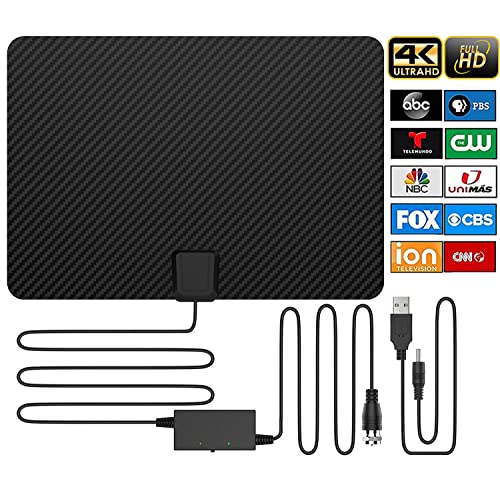 Updated 2023 Version Carbon Fiber Amplified HD Digital TV Antenna Long 480 Miles Range, Support 4K 1080p Fire tv Stick and All Older TV's Indoor HDTV Channels Signal Booster - 16.5ft Coaxial Cable