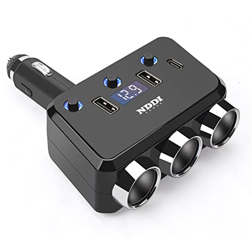 NDDI 110W Cigarette Lighter Splitter, 3.1 USB Fast Charger & Type-C Port 12V/24V Cigarette Lighter Adapter LED Voltage Display With 3 Cigarette Lighter Sockets Independent Switch, black