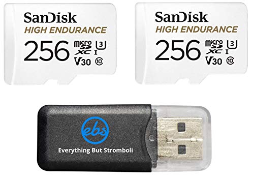 SanDisk High Endurance 256GB MicroSDXC Memory Card (2 Pack) for Dash Cams & Home Security System Video Cameras (SDSQQNR-256G-AN6IA) Class 10 Bundle with 1 Everything But Stromboli MicroSD Card Reader