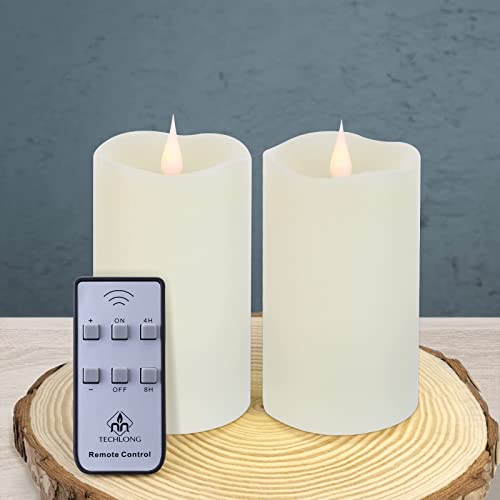 TECHLONG Flameless Candles with Remote Timers, 3D Moving Flickering Flame Battery Operated Candles Lasting 1000+ Hours, 3" x 5" Ivory Real Wax Electric LED Pillar Candles, Set of 2
