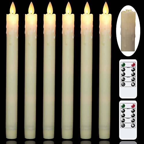 Mavandes Flameless Flickering Taper Candles with Two Remote,Battery LED Timer Realistic Wick Window Candles,Ivory Pack of 6 Real Wax Warm Fire Flameless Candlesticks,Wedding Decor(0.78 x 9.29)