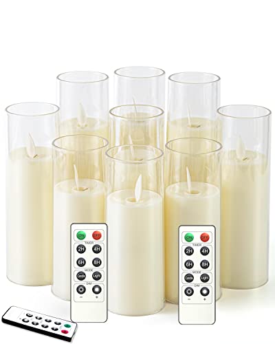 kakoya Flickering Flameless Candles Battery Operated with Remote and 2/4/6/8 H Timer Plexiglass Led Pillar Candles Pack of 9 (D2.2"xH 5"6"7")with Realistic Moving Wick Candles for Home Decor(Ivory)