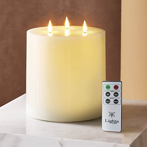 LampLust 3 Wick Flameless Candle - 6x6 Extra Large Candle (Remote & Batteries Included) 3D Flames with Wick, Flickering LED, Ivory Real Wax, Battery Operated 6 Inch Pillar Candle for Spring Decor