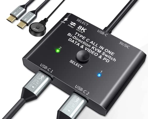 USB C Switch,Bi-Directional USB C Switcher 2 Computers,MLEEDA USB Type C KVM Switch 8K@60Hz 4K@120Hz Video/10Gbps Data Transfer/100W Charging,Compatible with Thunderbolt Device,2 USB-C Cables Included