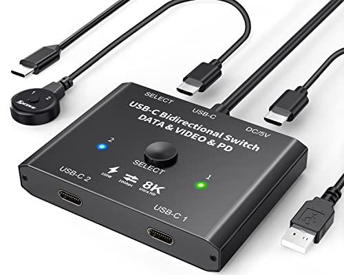 USB C Switch 2 in 1 Out or 1 in 2 Out, Type-C Bidirectional Switcher Used for 2 Computers with C Port, Supports 4K@120Hz 8K@60Hz Video / 10Gbps Data Transfer, Notes: No Splitter Function