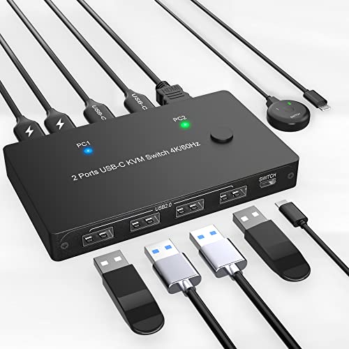 USB C HDMI KVM Switch 4K@60Hz, 2-Port Type C+HDMI Monitor Switch for 2 Laptops Share 1 HDMI and 4 USB Devices, for Thunderbolt 3/4, with 100W Power Delivery, Wired Remote, HDMI and USB C Cables